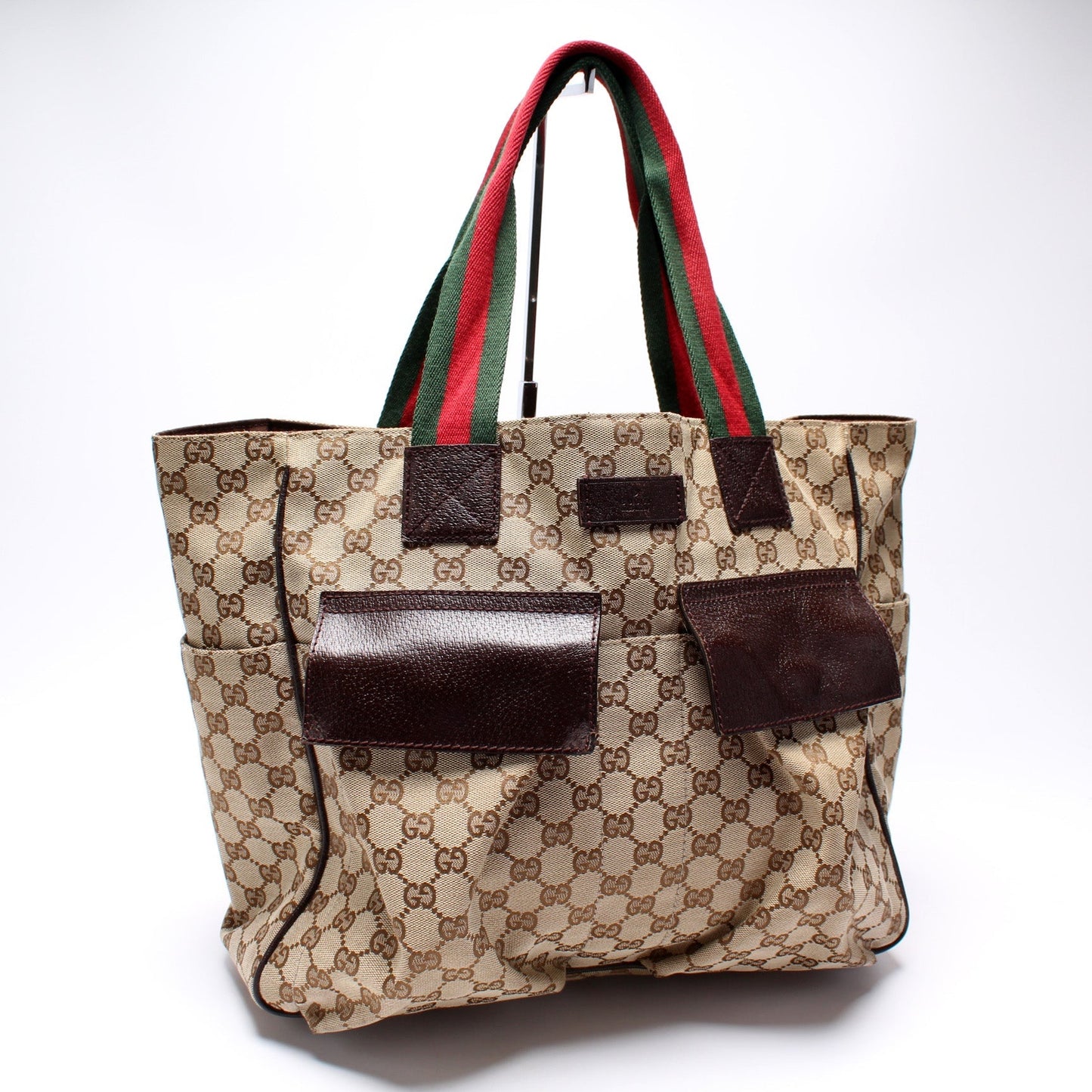 Gucci 161836 GG Canvas Web Handle Double Pocket Tote Bag