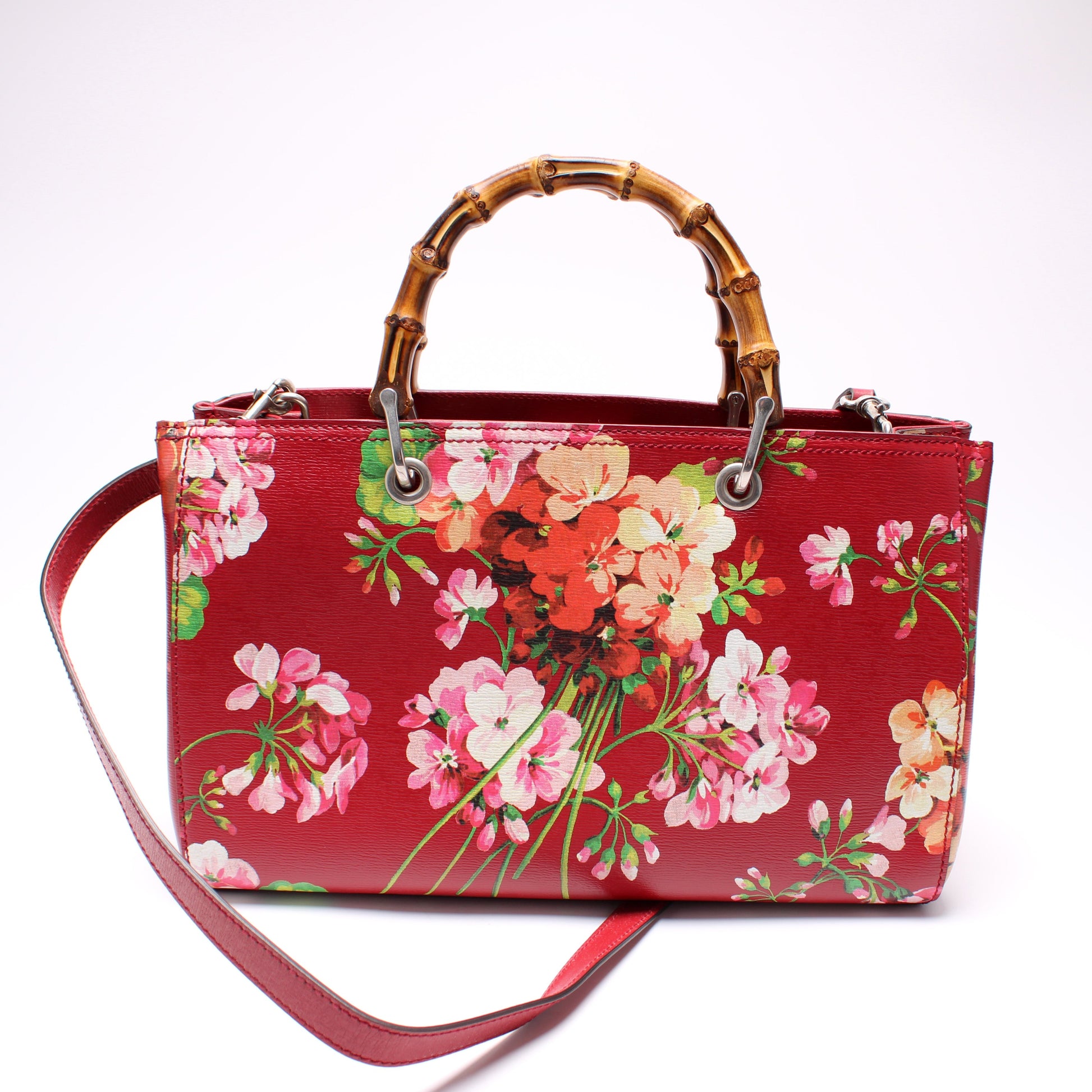 Gucci 323660 Blooms Leather Medium Bamboo Shopper Tote Bag