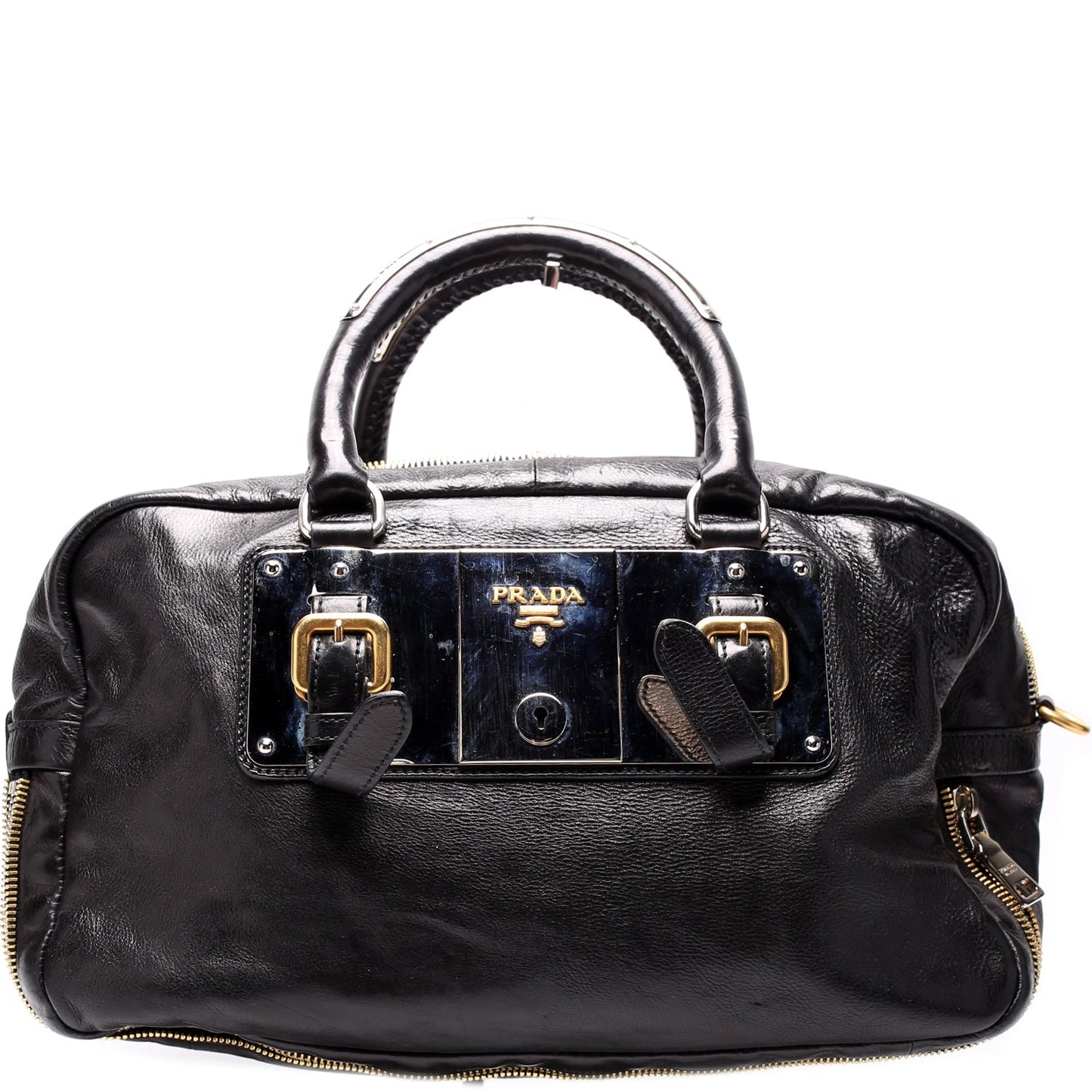 Prada Glace Calfskin Zippers Plaque Boston Bag