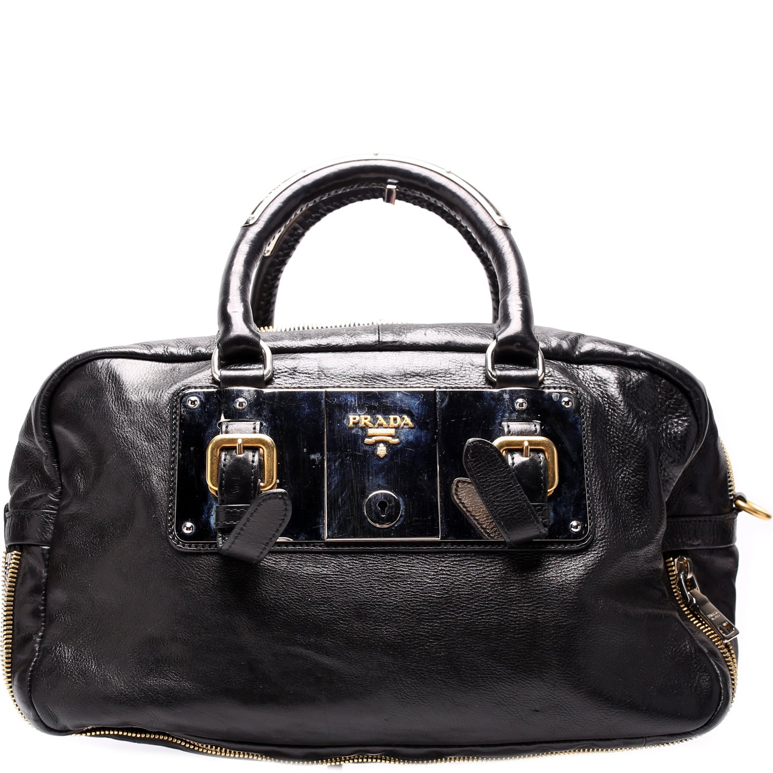 Prada Glace Calfskin Zippers Plaque Boston Bag