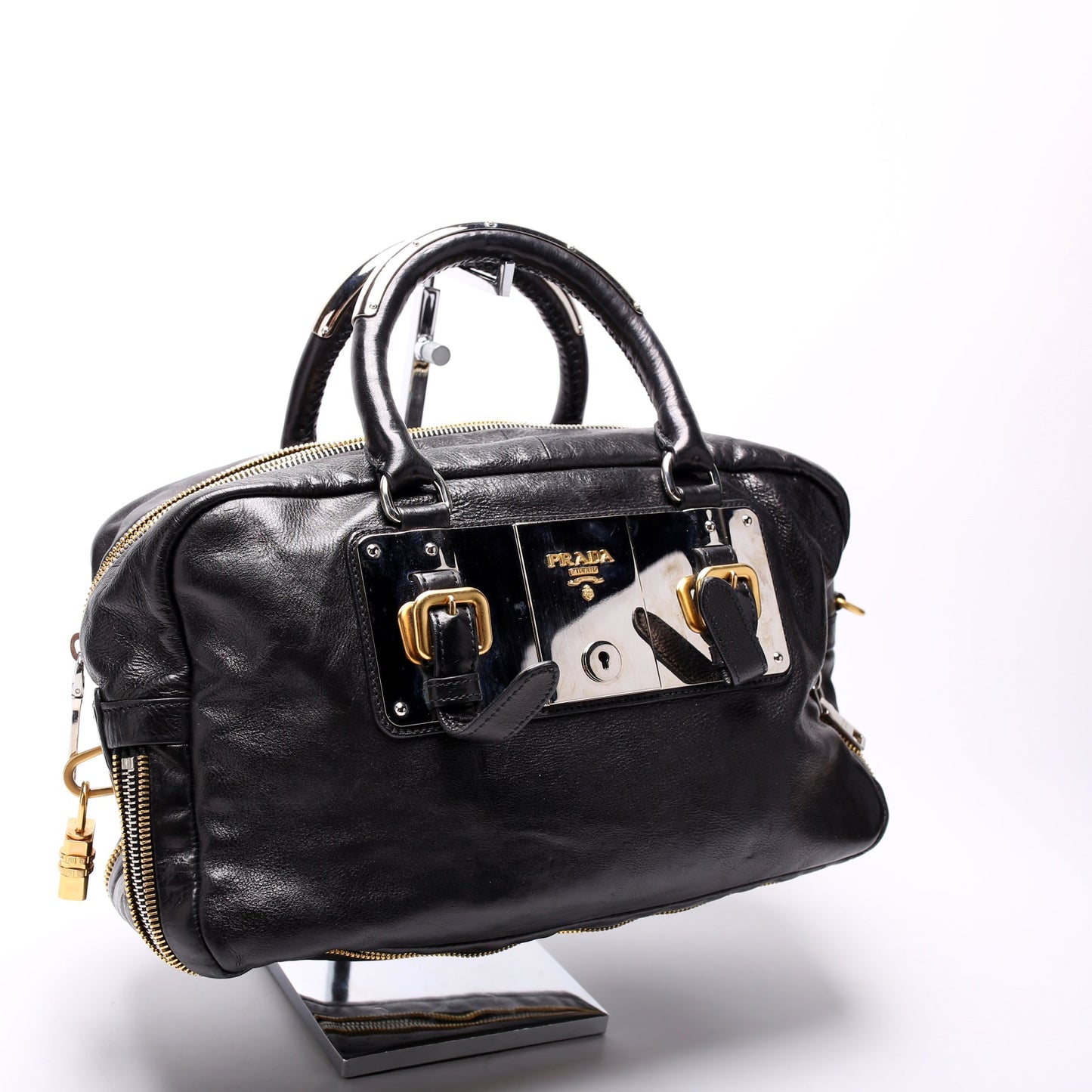 Prada Glace Calfskin Zippers Plaque Boston Bag