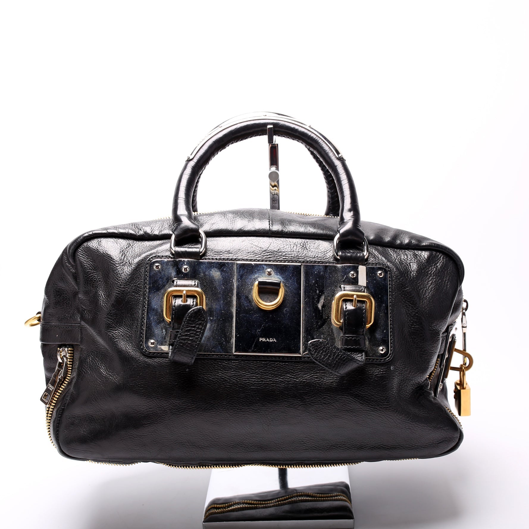 Prada Glace Calfskin Zippers Plaque Boston Bag