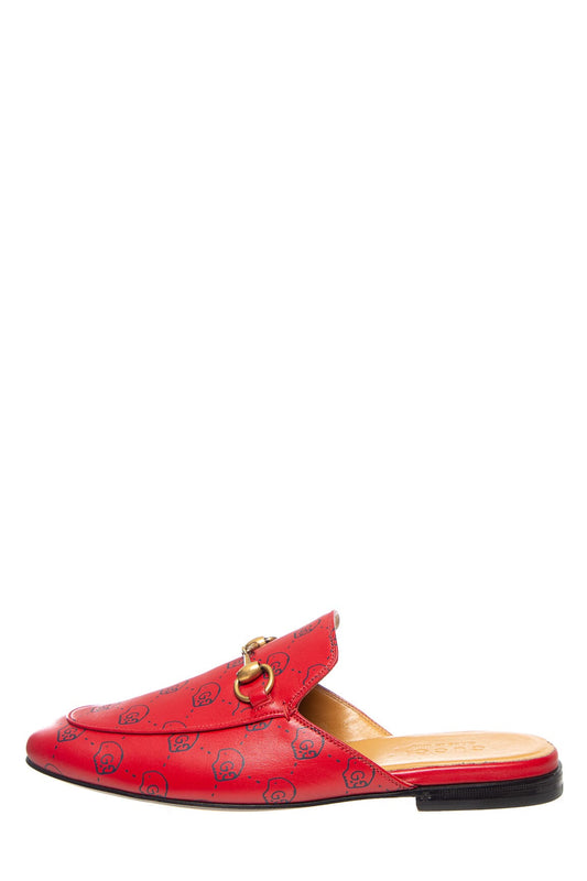 Gucci Red Leather Skull Print Princetown Loafers