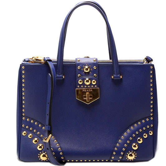 Prada Saffiano Turnlock Studded Double Zip Medium Bag