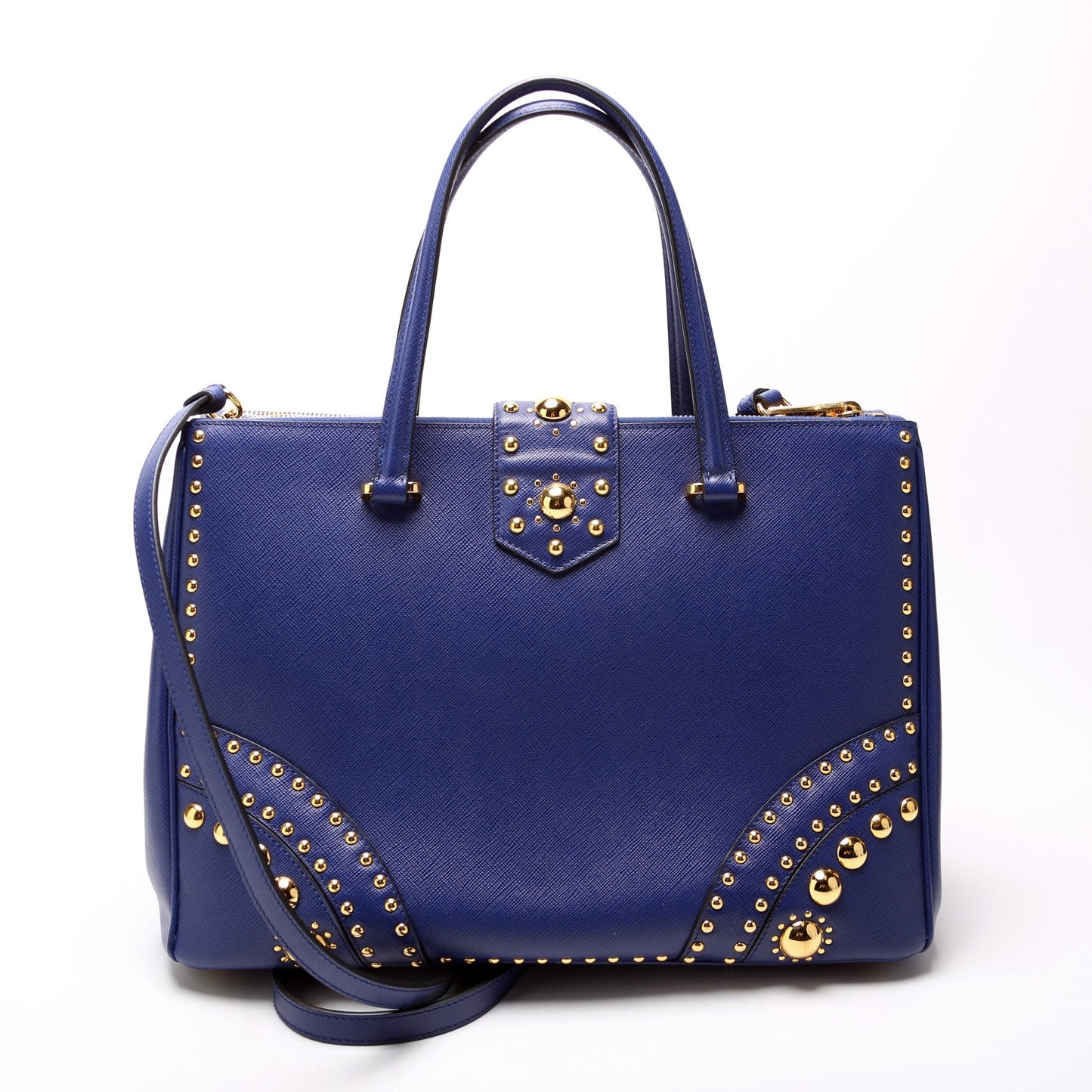 Prada Saffiano Turnlock Studded Double Zip Medium Bag