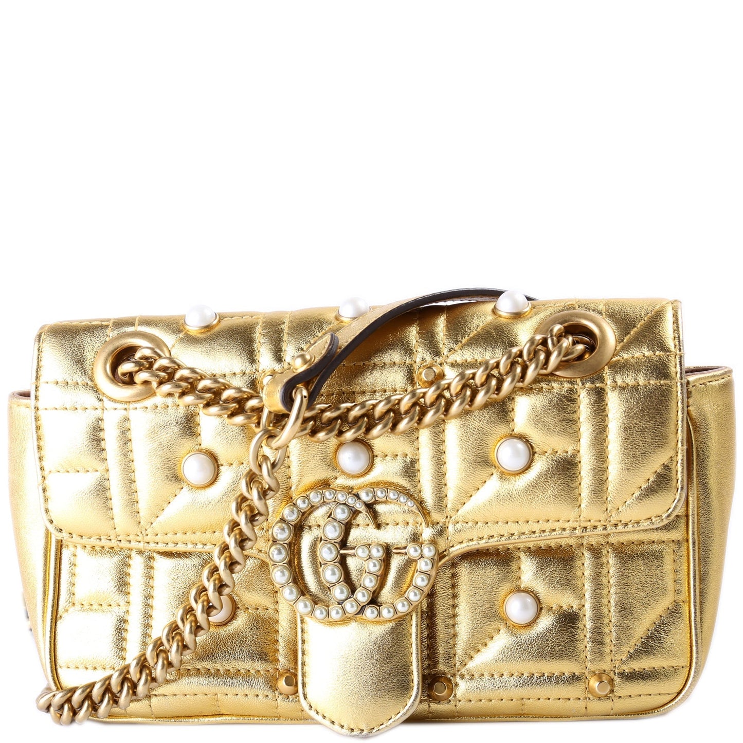 Gucci 446744 Marmont Pearl Stud Leather Shoulder Mini Flap Bag