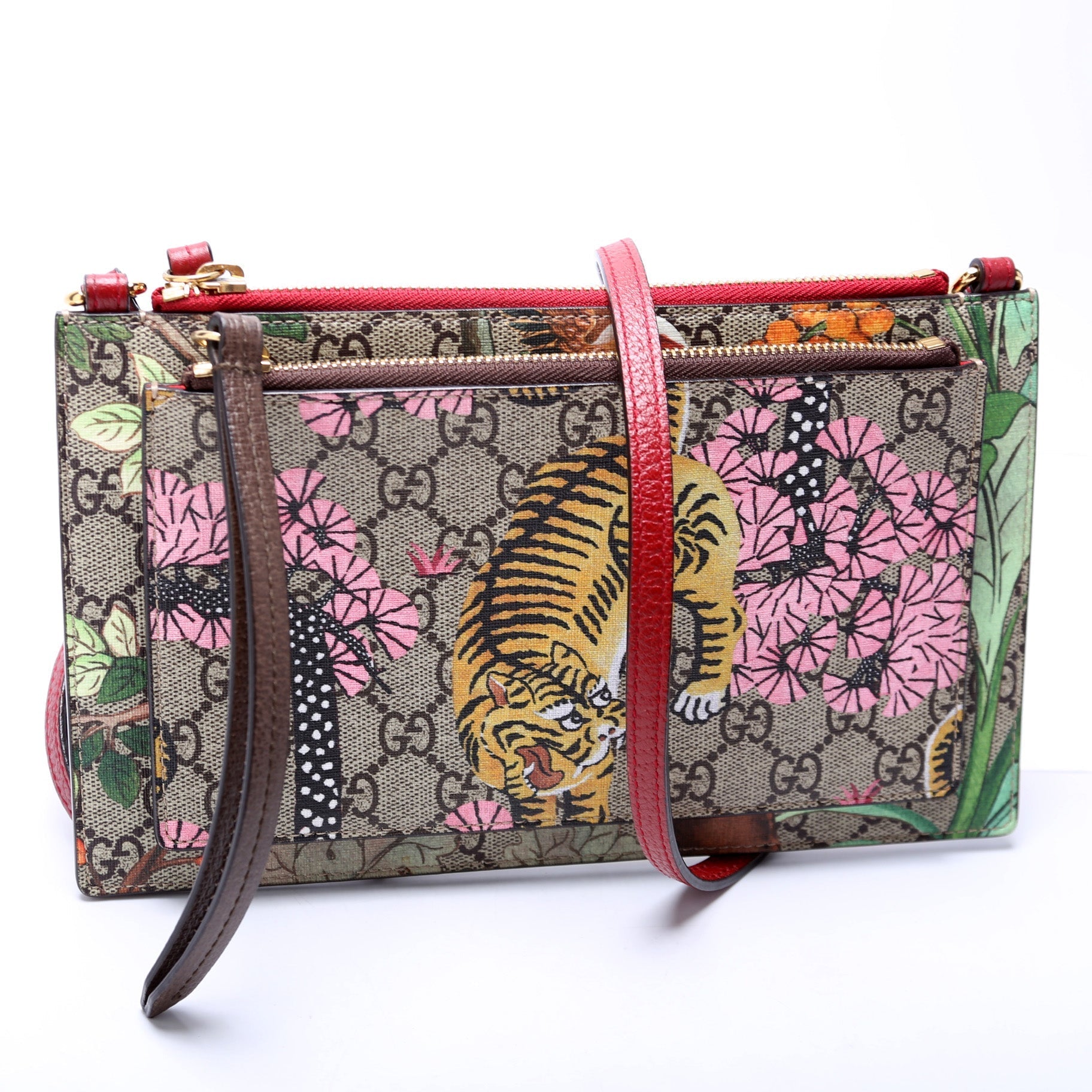 Gucci 454111 GG Supreme Tian/Bengal Double Zip Shoulder Bag