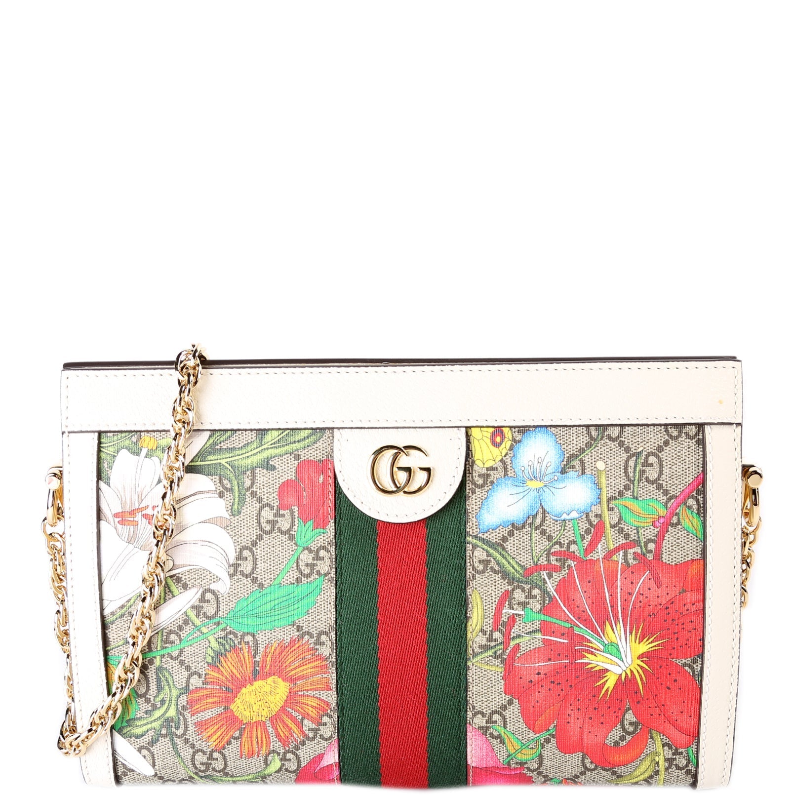 Gucci 503877 GG Supreme Flora Ophidia Small Chain White Bag