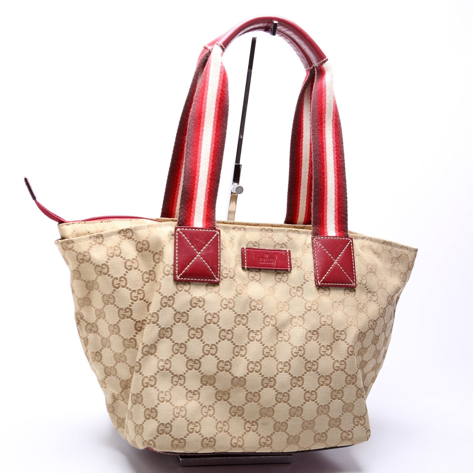 Gucci 131230 GG Canvas Web Bucket Tote Red Bag