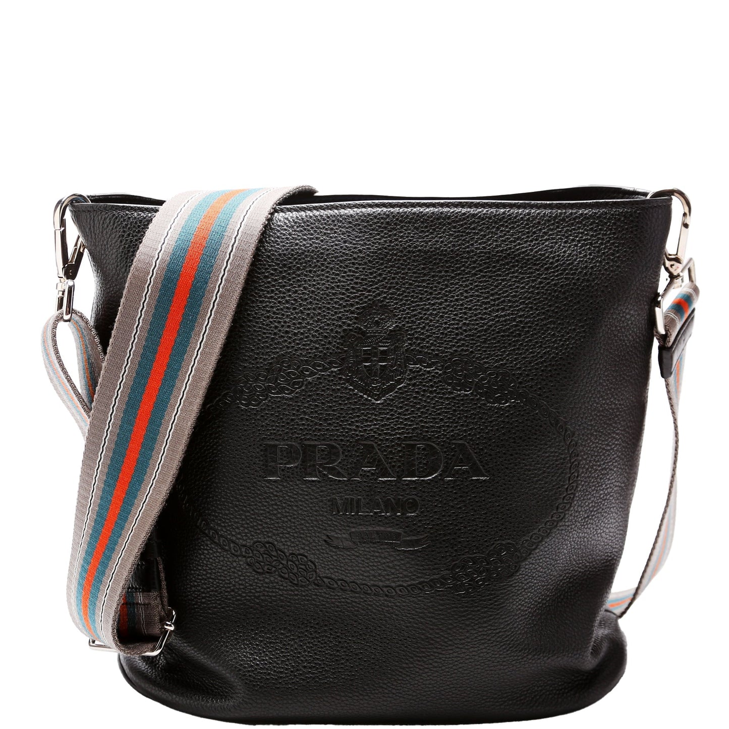 Prada 1BE057 Vitello Daino Phenix Bucket Black Bag
