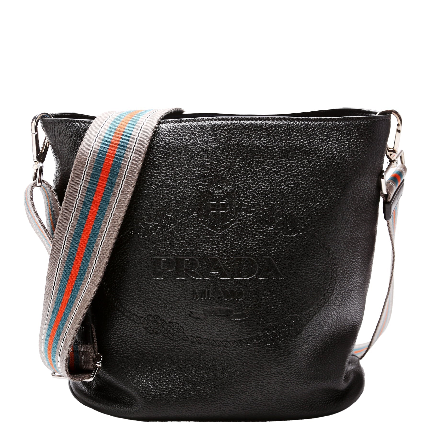 Prada 1BE057 Vitello Daino Phenix Bucket Black Bag
