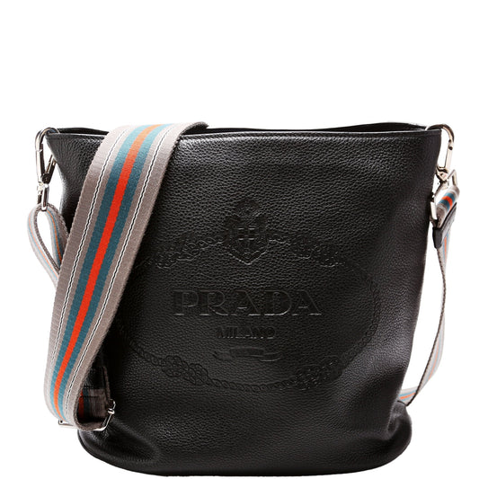 Prada 1BE057 Vitello Daino Phenix Bucket Black Bag