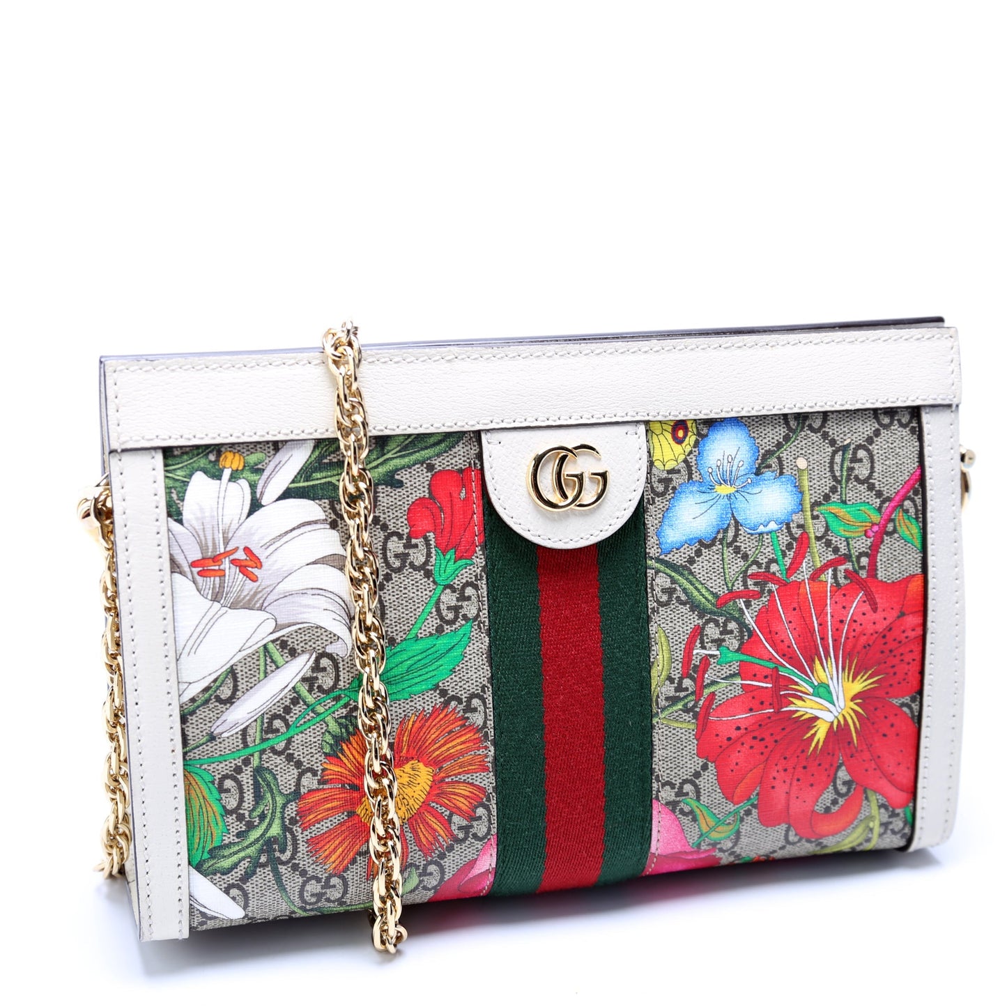 Gucci 503877 GG Supreme Flora Ophidia Small Chain White Bag