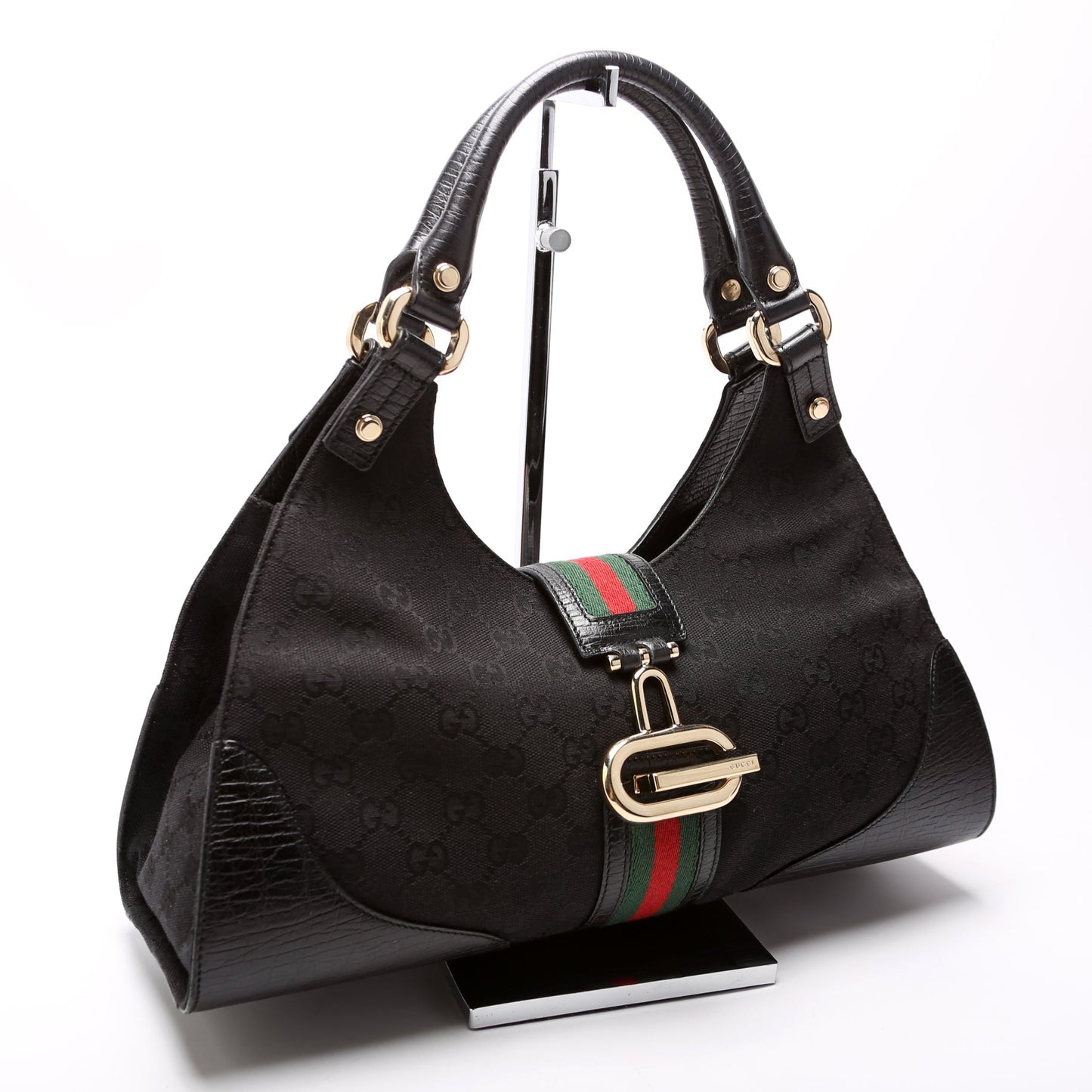 Gucci 130995 GG Canvas Web Junco Shoulder Black Bag