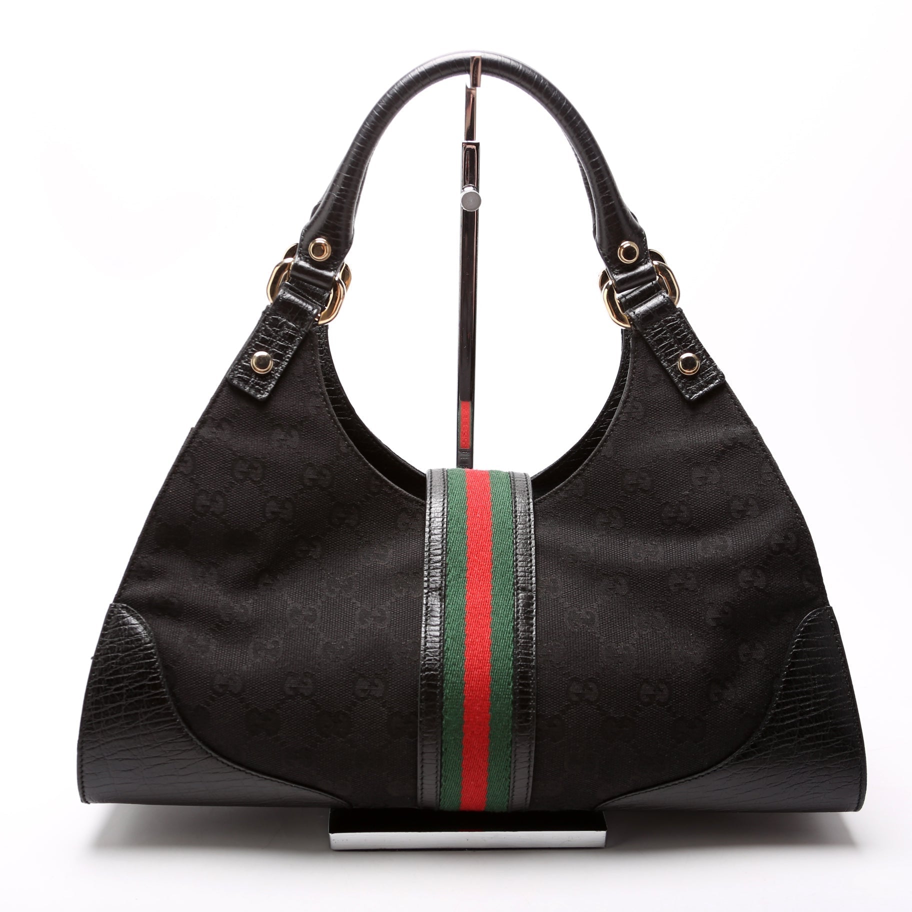 Gucci 130995 GG Canvas Web Junco Shoulder Black Bag