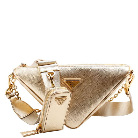 Prada Saffiano Triangle Logo Mini Gold Bag