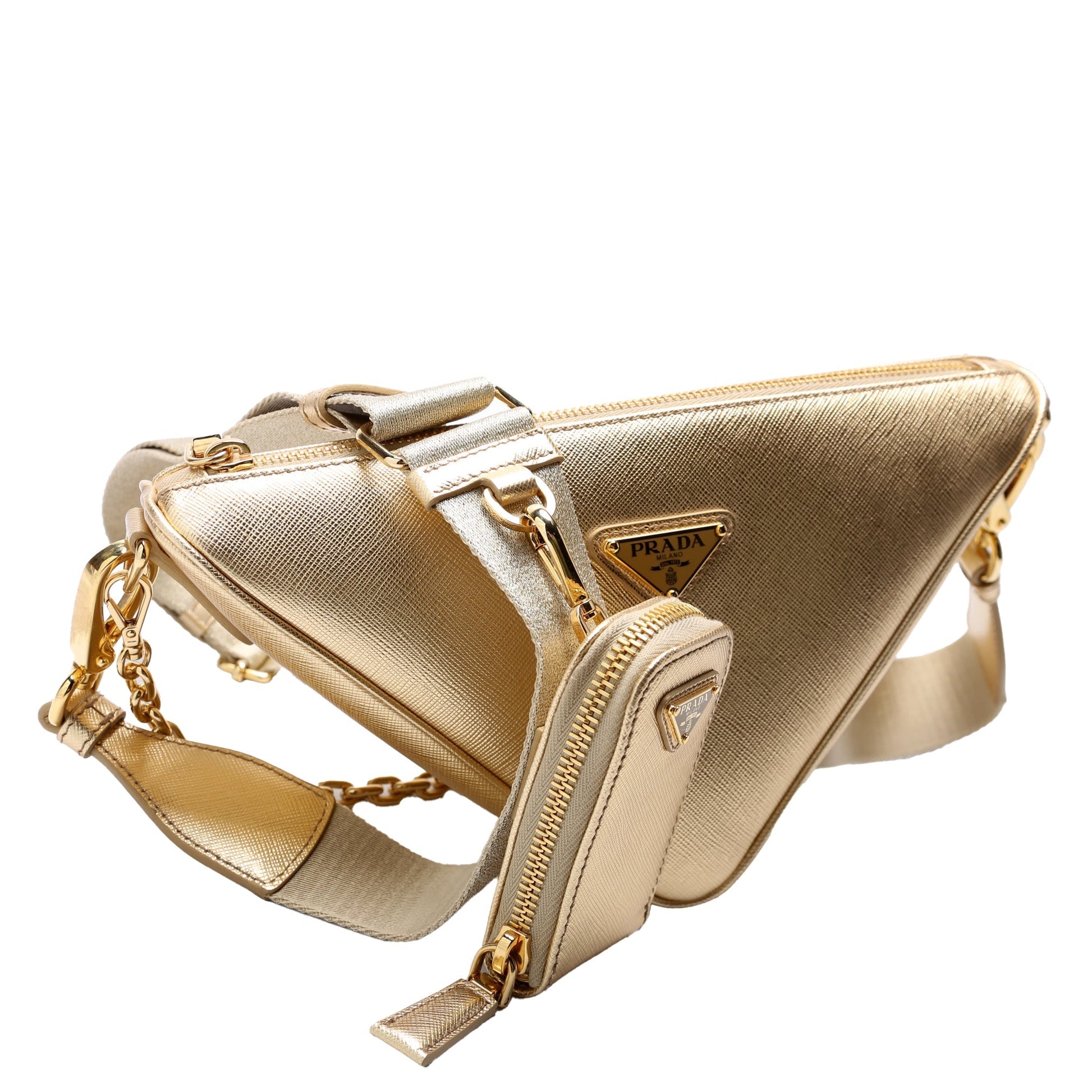 Prada Saffiano Triangle Logo Mini Gold Bag