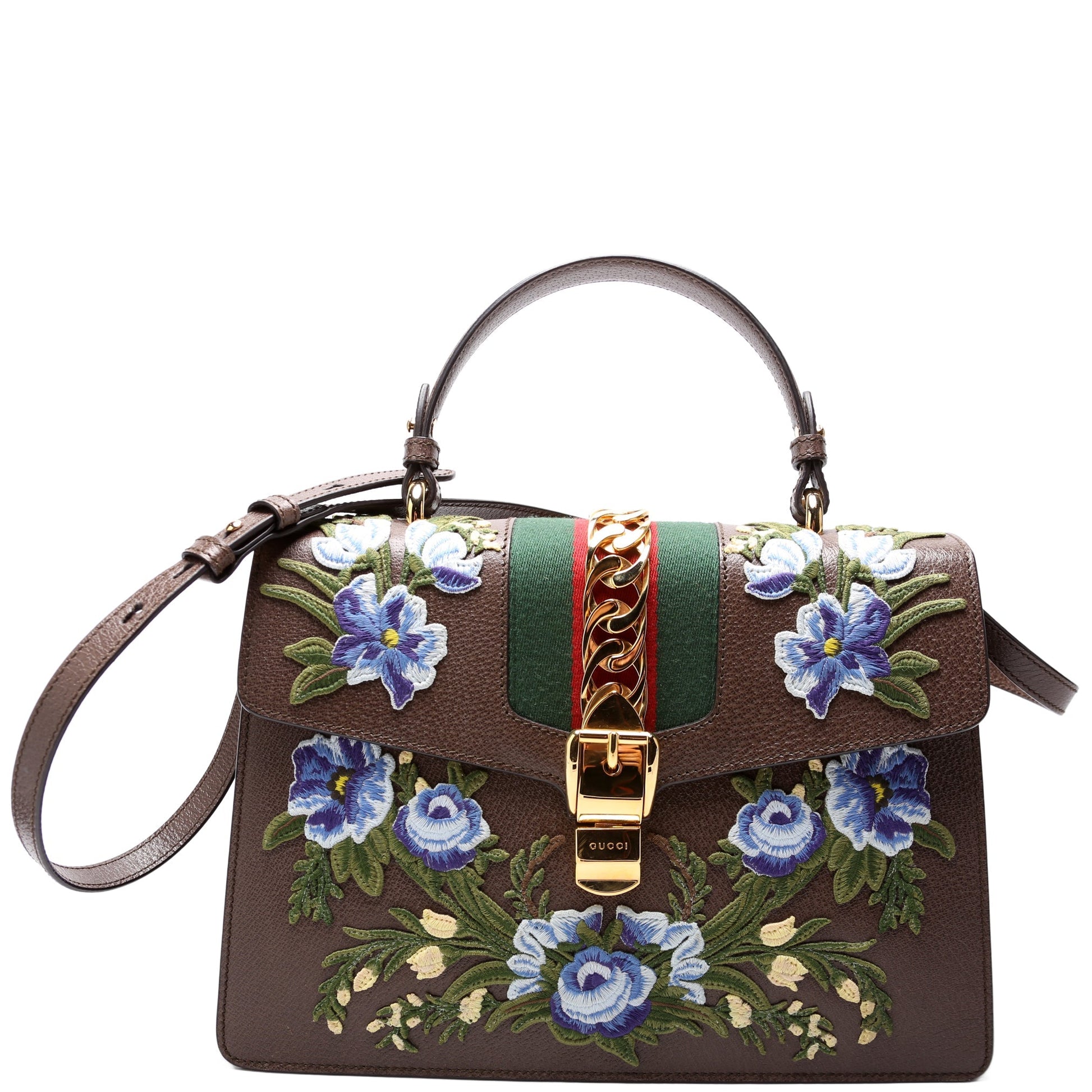 Gucci 431665 Sylvie Top Handle Embroidered Calfskin Medium Brown Bag