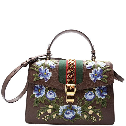 Gucci 431665 Sylvie Top Handle Embroidered Calfskin Medium Brown Bag