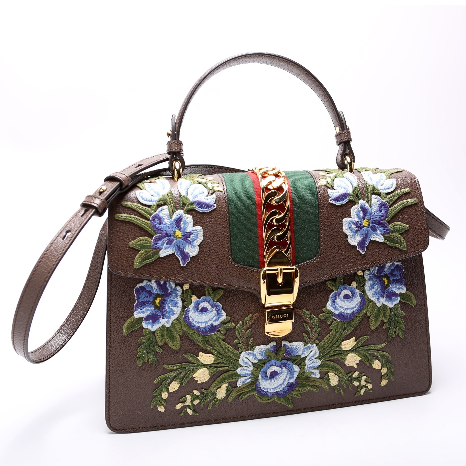 Gucci 431665 Sylvie Top Handle Embroidered Calfskin Medium Brown Bag