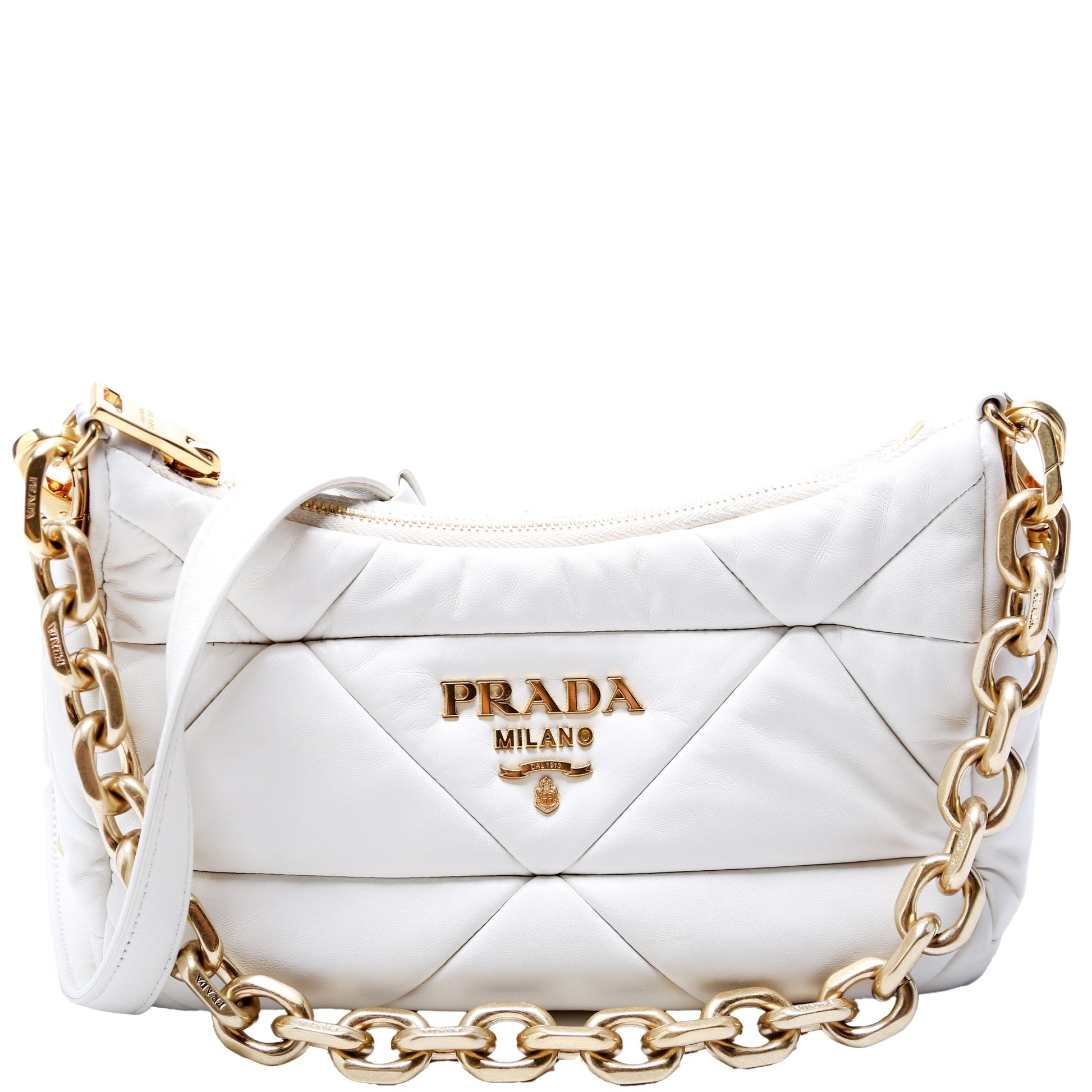 Prada 1BC157 Padded Quilted Nappa System Triangle Shoulder White Bag