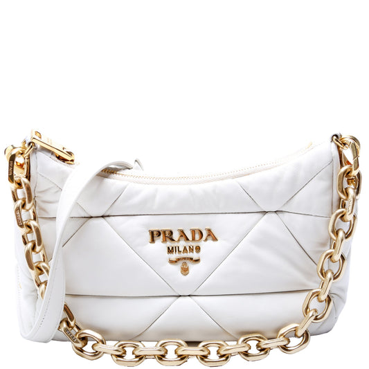 Prada 1BC157 Padded Quilted Nappa System Triangle Shoulder White Bag