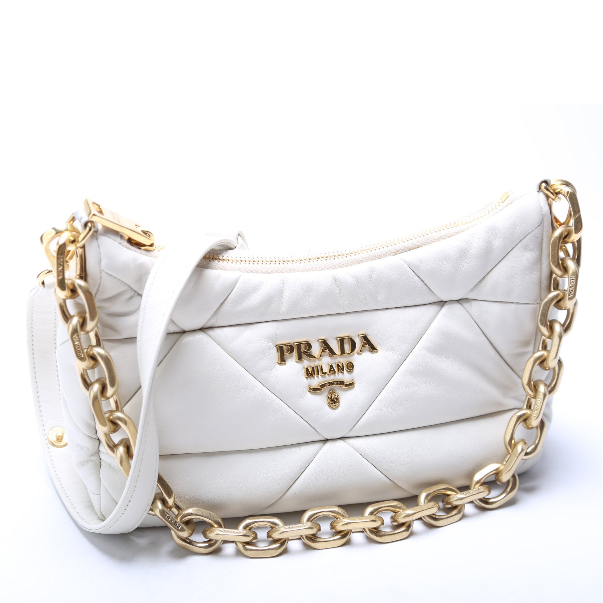 Prada 1BC157 Padded Quilted Nappa System Triangle Shoulder White Bag