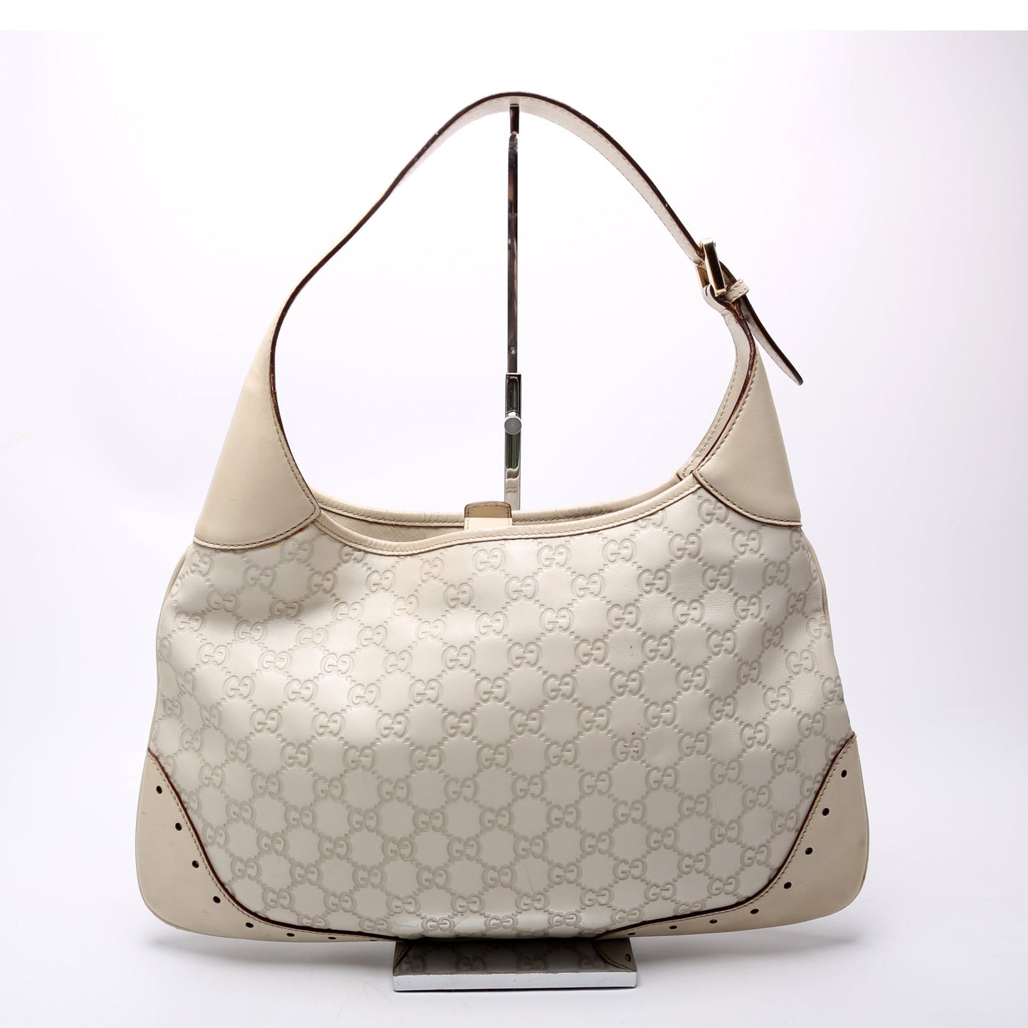 Gucci 145778 Leather Punch Hobo Cream Bag