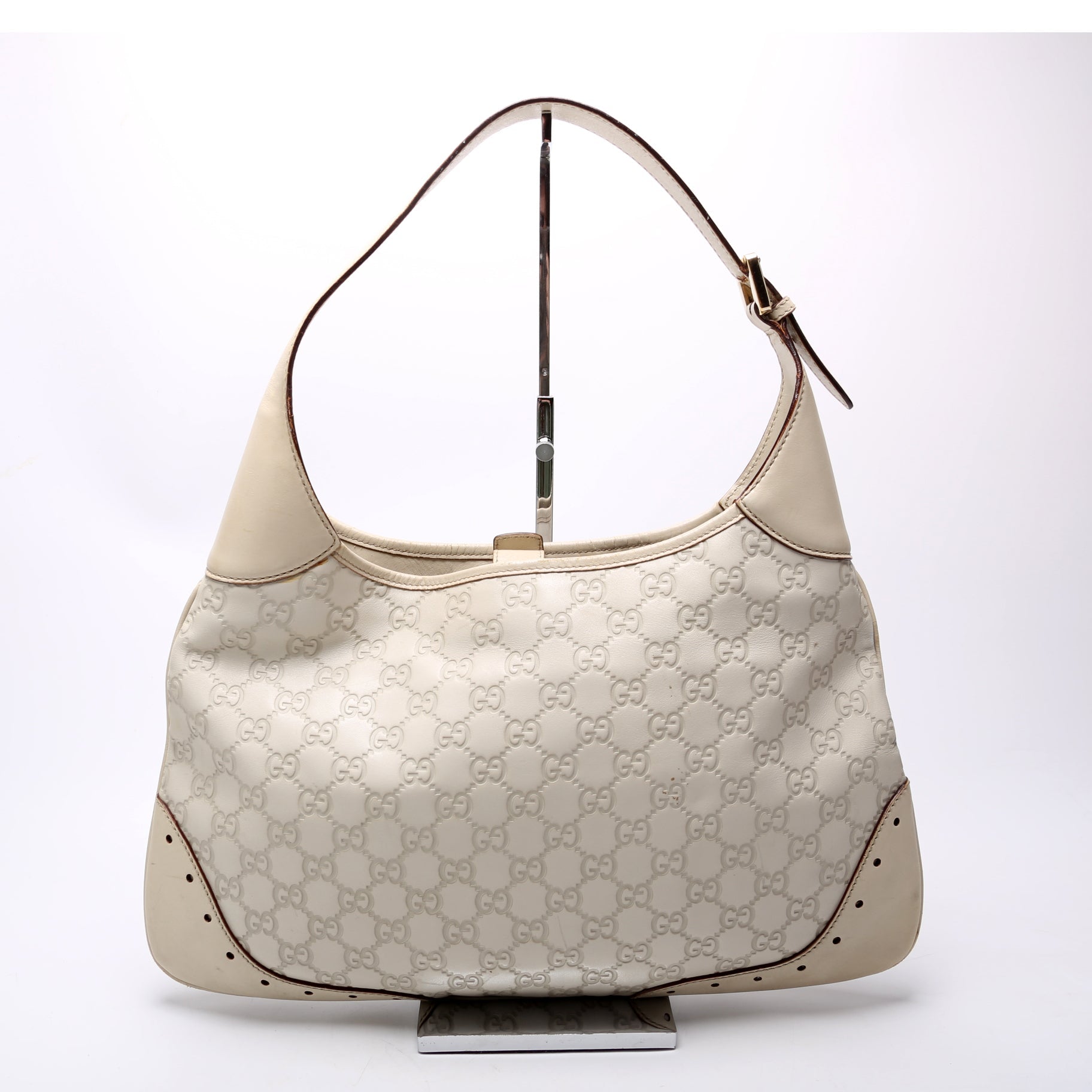 Gucci 145778 Leather Punch Hobo Cream Bag