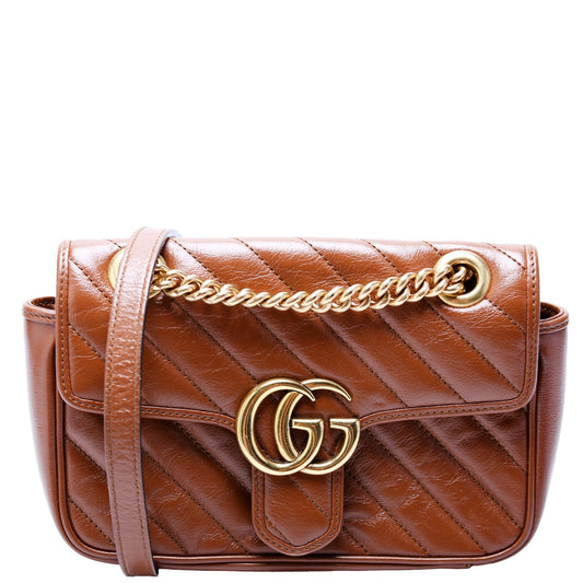 Gucci 446744 Marmont Diag Leather Shoulder Mini Flap Brown Bag