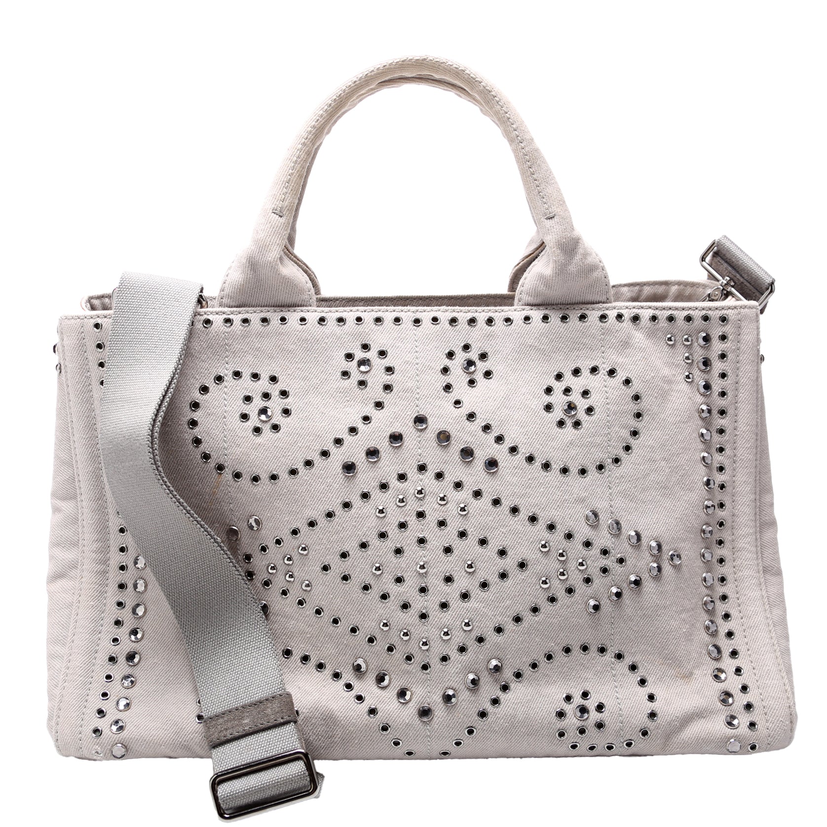 Prada BM2642 Canapa Studded Canvas Tote Grey Bag
