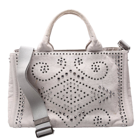 Prada BM2642 Canapa Studded Canvas Tote Grey Bag