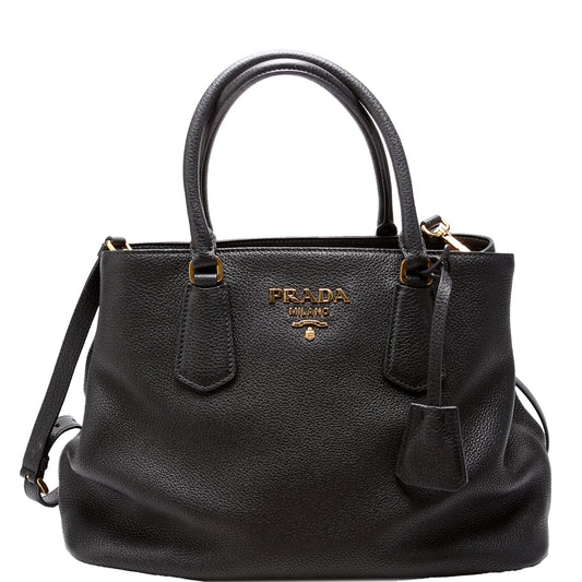 Prada 1BA239 Vitello Phenix Double Tote Black Bag