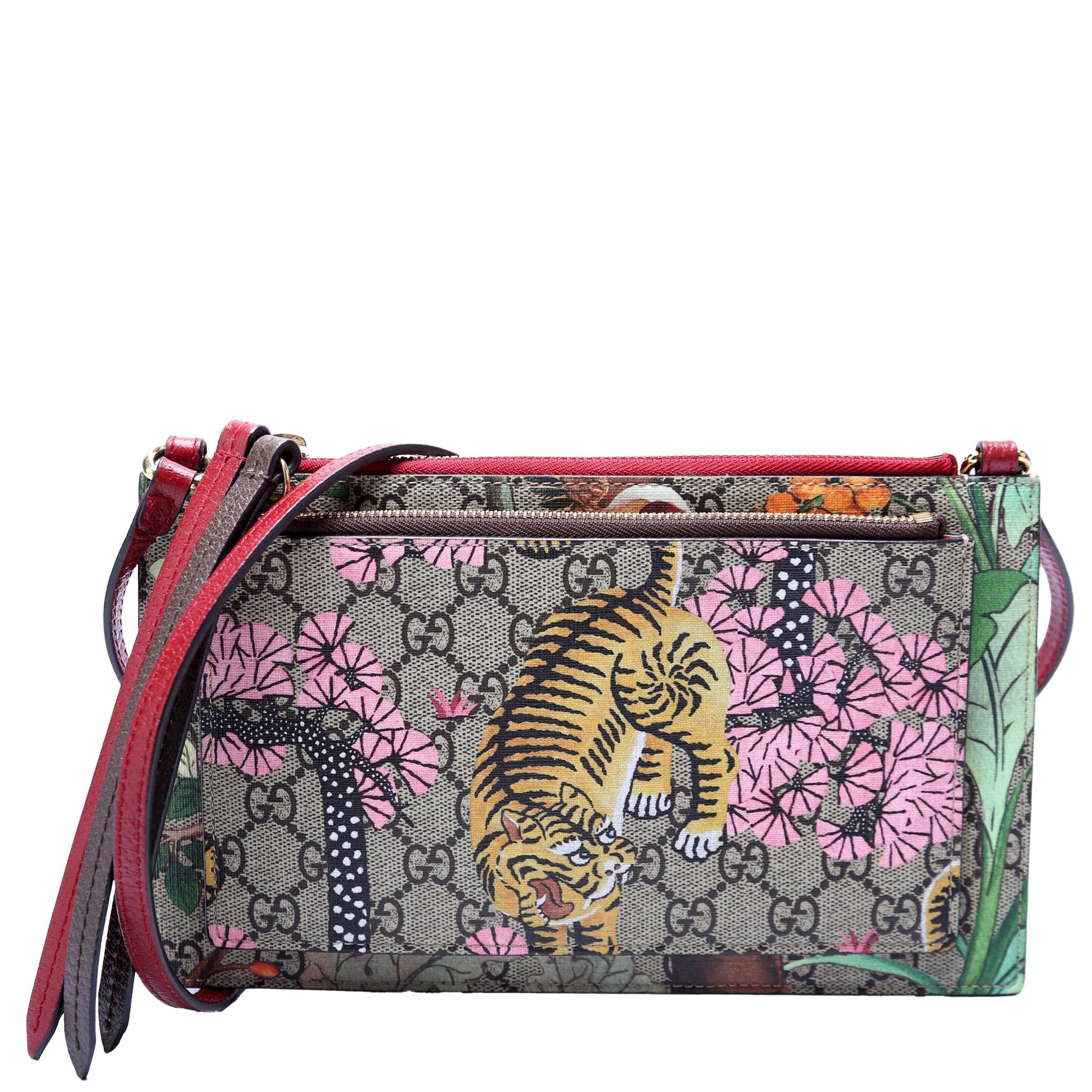 Gucci 454111 GG Supreme Tian/Bengal Double Zip Shoulder Red Bag