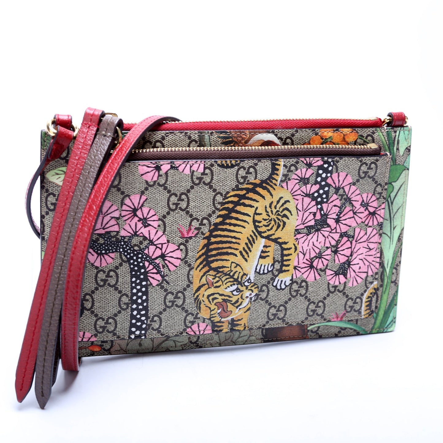 Gucci 454111 GG Supreme Tian/Bengal Double Zip Shoulder Red Bag
