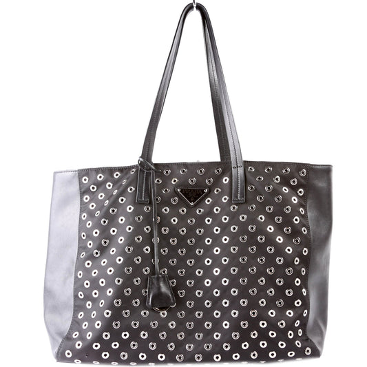 Prada Tressuto/Leather Grommet Tote Black/Silver Bag