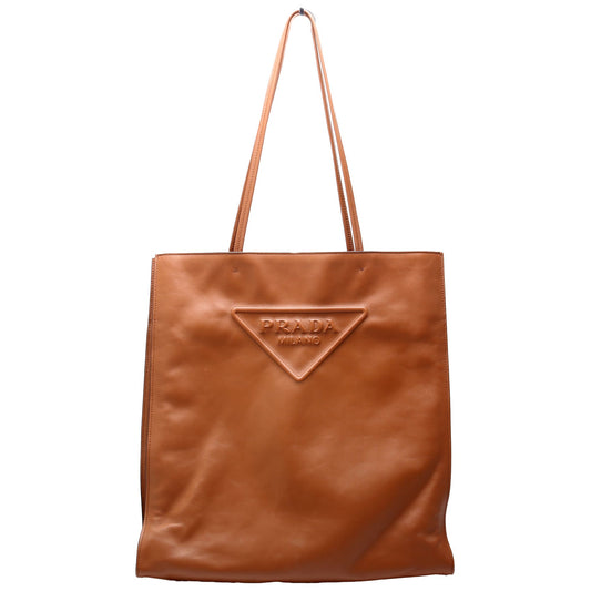 Prada Soft Calfskin Triangle Logo Shopper Tote Brown Bag