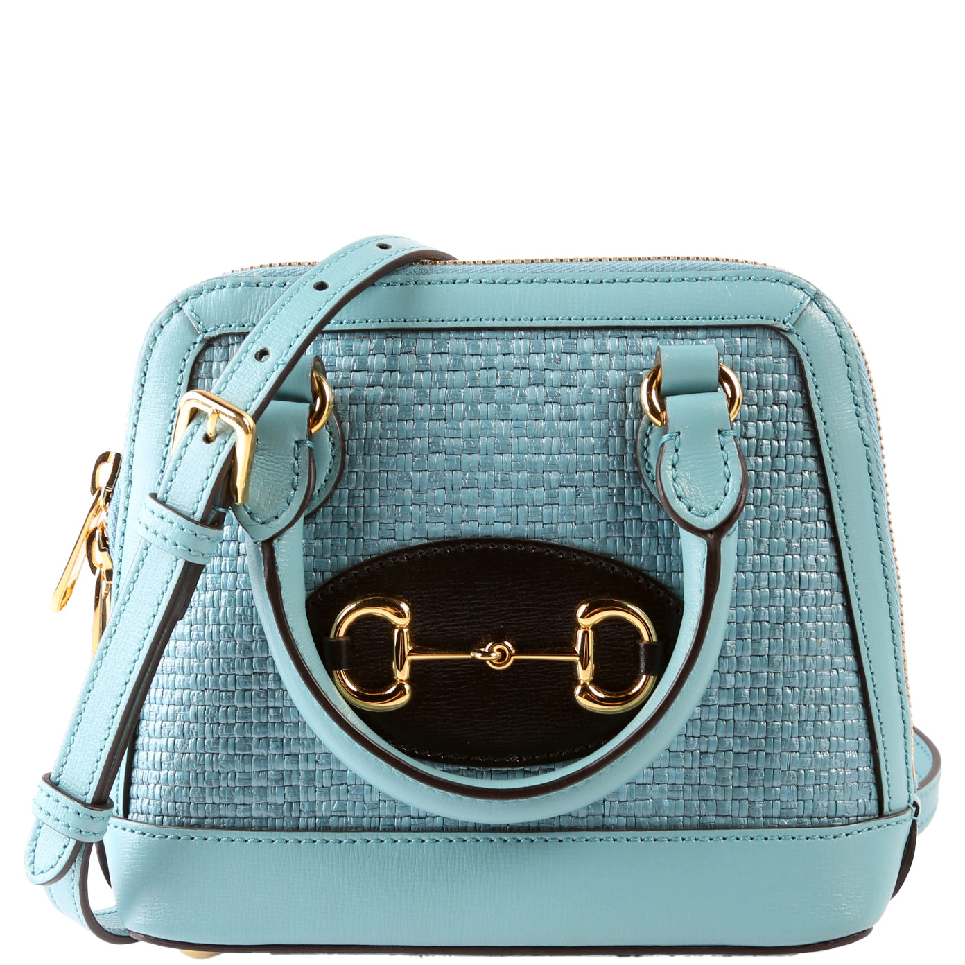 Gucci 640716 Horsebit 1955 Mini Top Handle Raffia Teal Bag