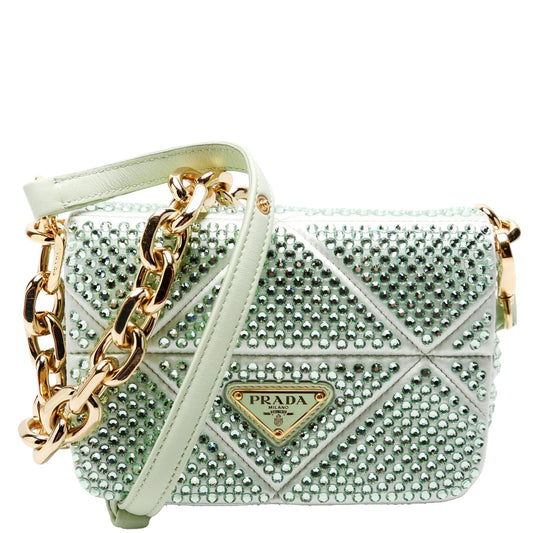 Prada Triangle Logo Crystal Shoulder Green Bag