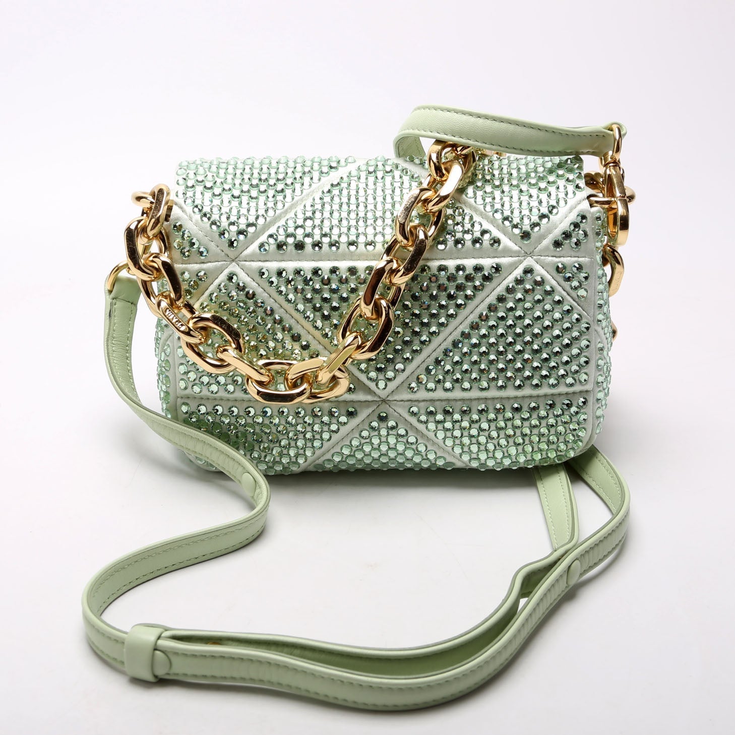 Prada Triangle Logo Crystal Shoulder Green Bag