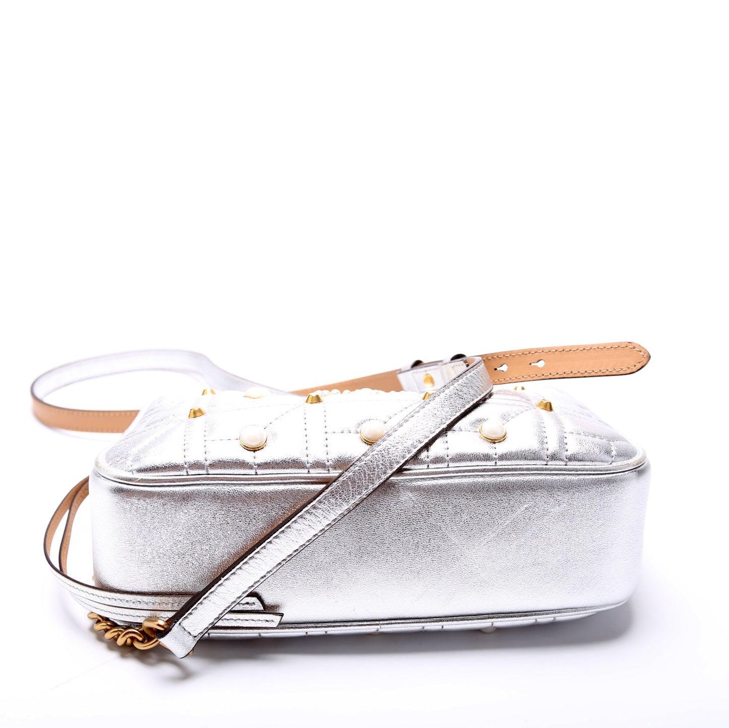 Gucci 447632 Marmont Small Leather/Pearl Camera Silver Bag