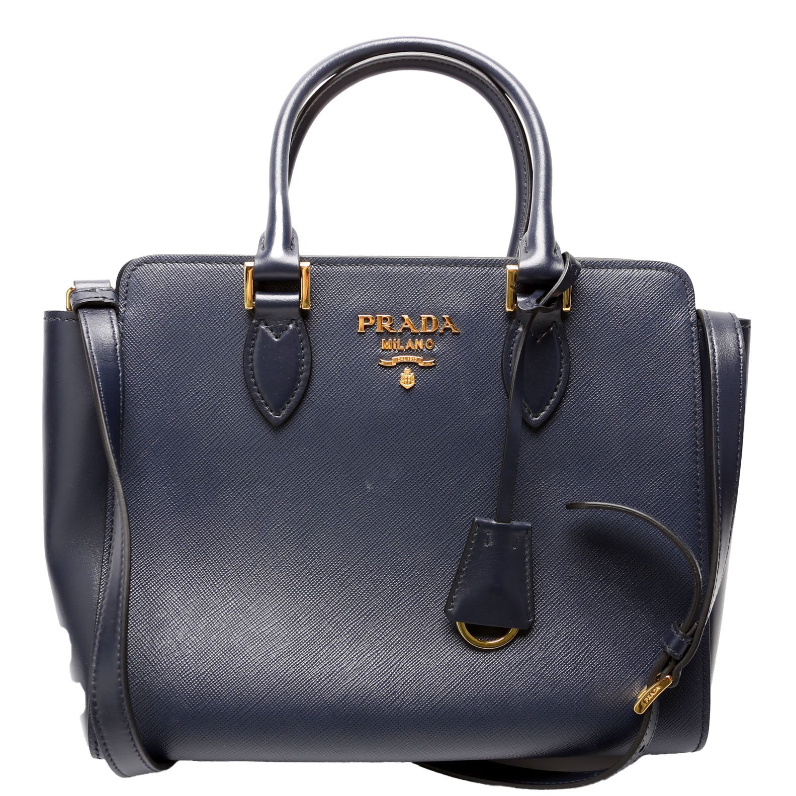 Prada Saffiano/Calfskin Top Handle Navy Bag