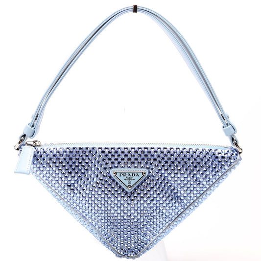 Prada 1BC190 Crystal Satin Triangle Pouch Blue Bag