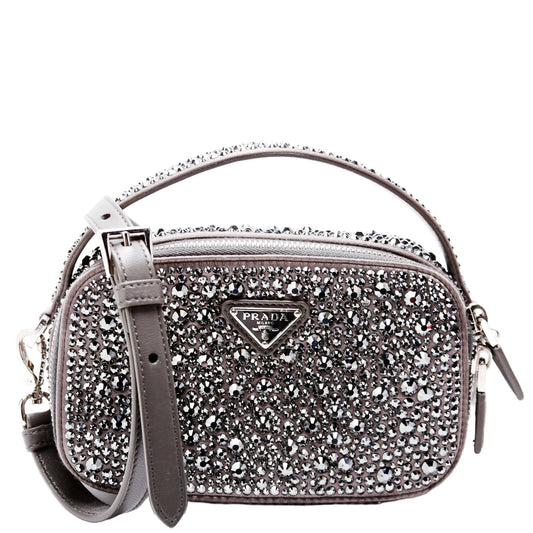 Prada Odette Satin Crystal Triangle Logo Mini Crossbody Grey Bag