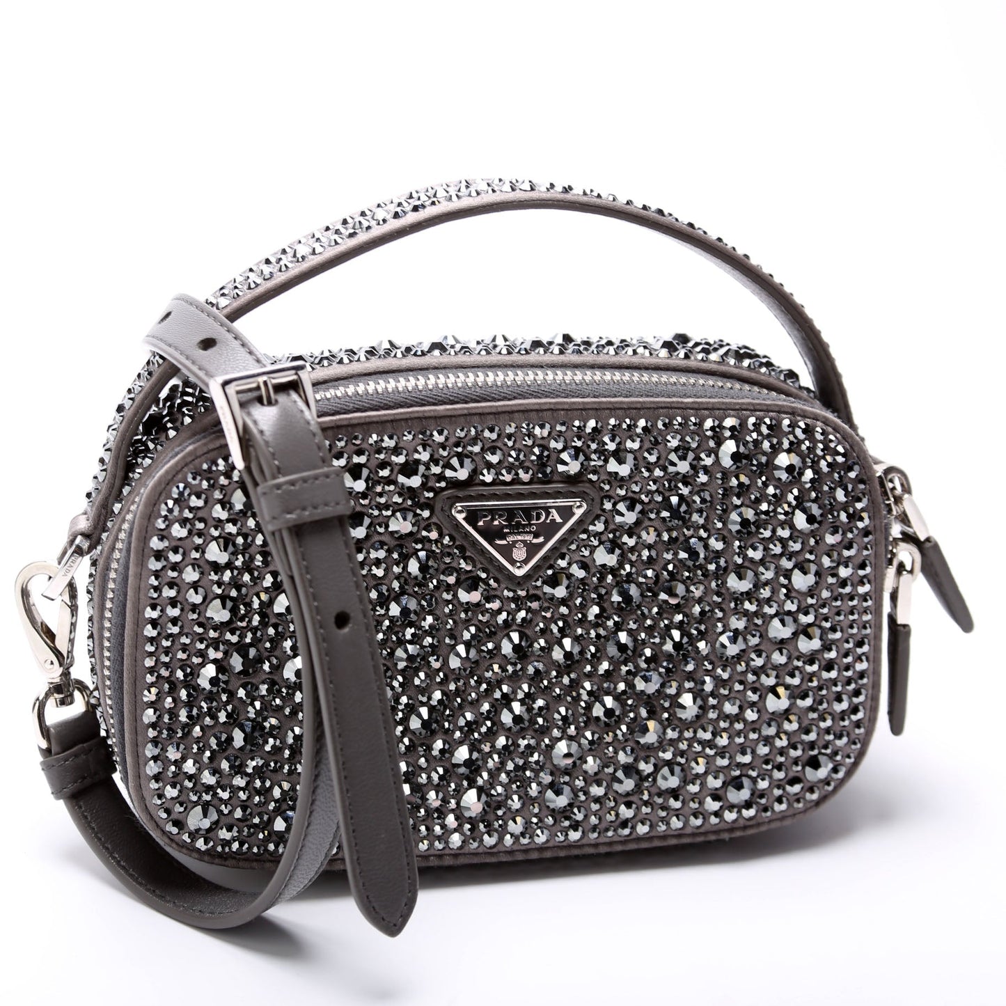 Prada Odette Satin Crystal Triangle Logo Mini Crossbody Grey Bag