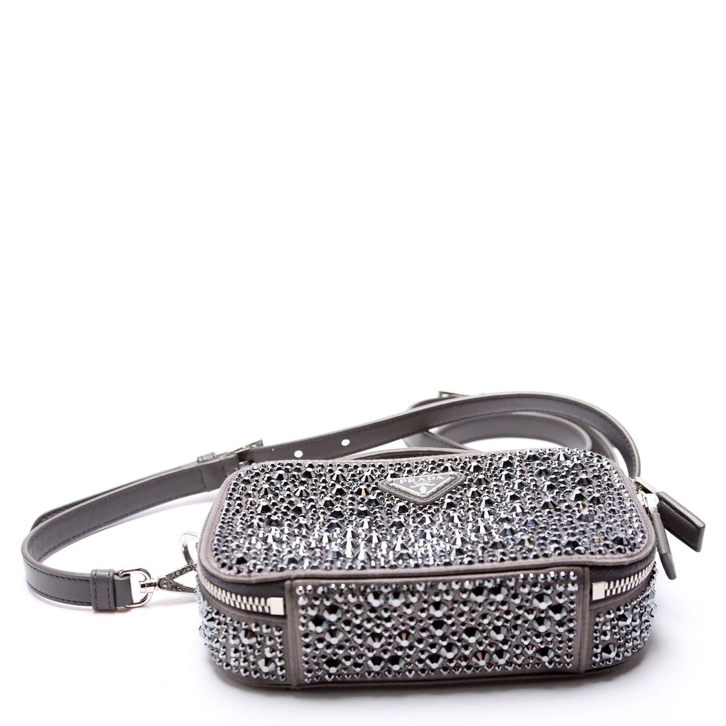 Prada Odette Satin Crystal Triangle Logo Mini Crossbody Grey Bag