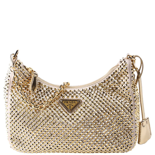 Prada Satin Crystal Re-Edition 2005 Shoulder Gold Bag