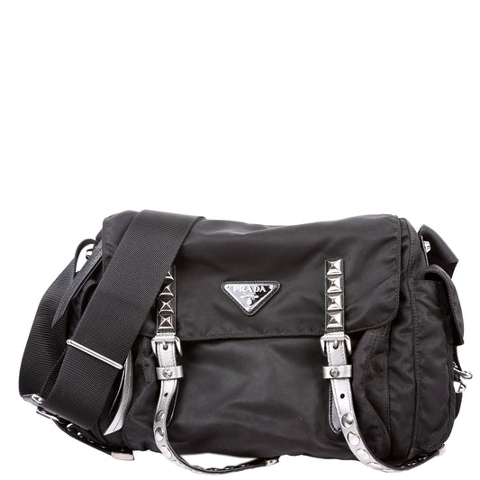 Prada New Velanylon Studded Messenger Black Bag