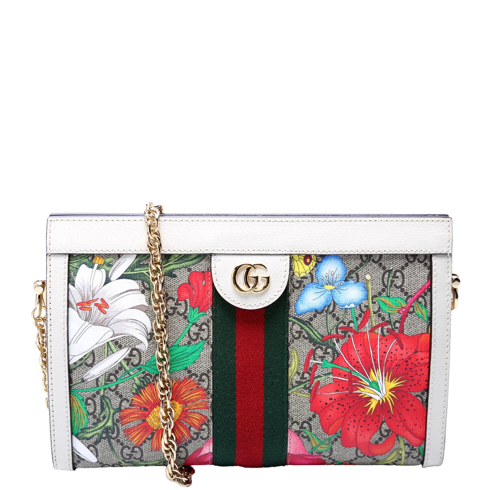 Gucci 503877 GG Supreme Flora Ophidia Small Chain White Bag