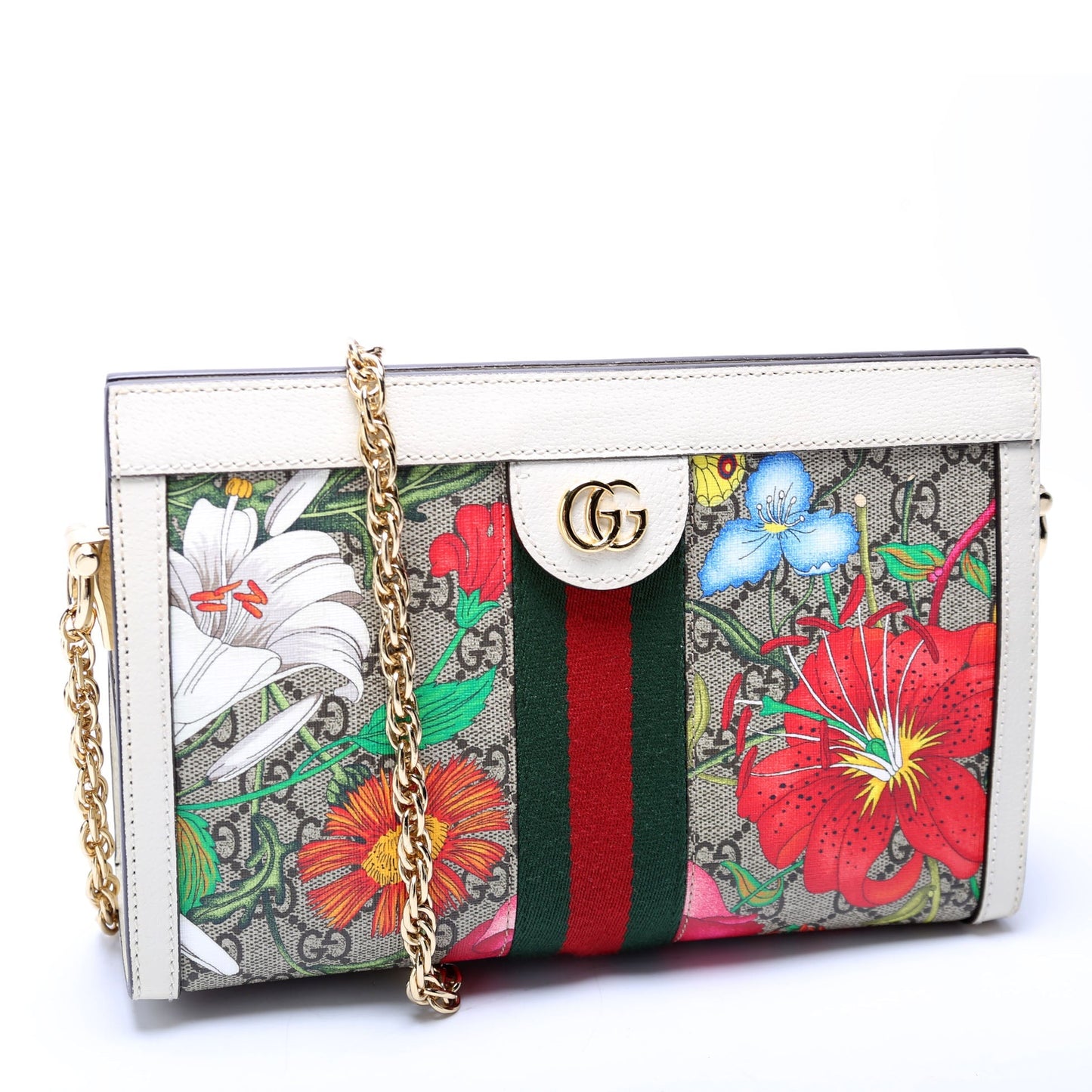 Gucci 503877 GG Supreme Flora Ophidia Small Chain White Bag